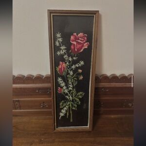 Vintage Floral Needlepoint Wall Art in Brown Frame